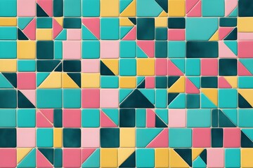 A colorful mosaic tile pattern with pink, yellow, and blue tiles