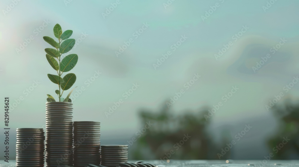 Poster a conceptual image of a bar graph made from stacks of coins with a plant growing from the tallest st