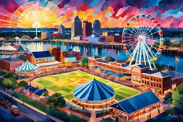 A painting of a city with a large Ferris wheel in the background