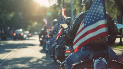 A group of veterans riding on motorcycles adorned with American flags honoring the brave men and women who fought for Texas independence.