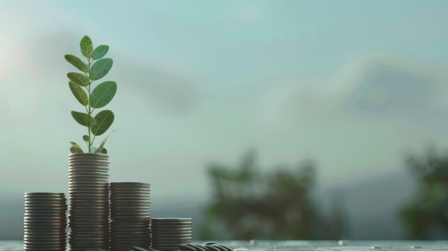 A conceptual image of a bar graph made from stacks of coins with a plant growing from the tallest stack, leaving space around the graph for adding copy