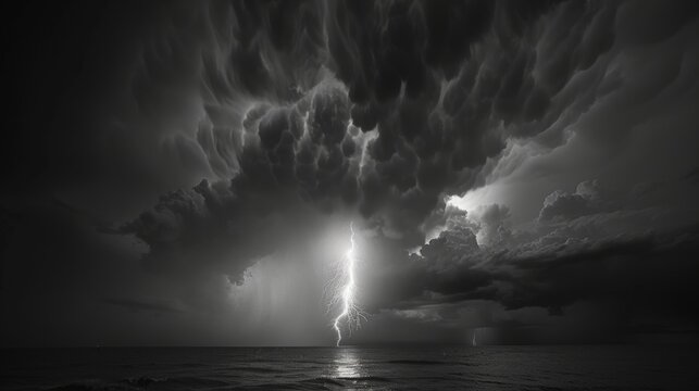 An ominous dark sky is split in two by a brilliant bolt of lightning followed by a deafening crack of thunder.