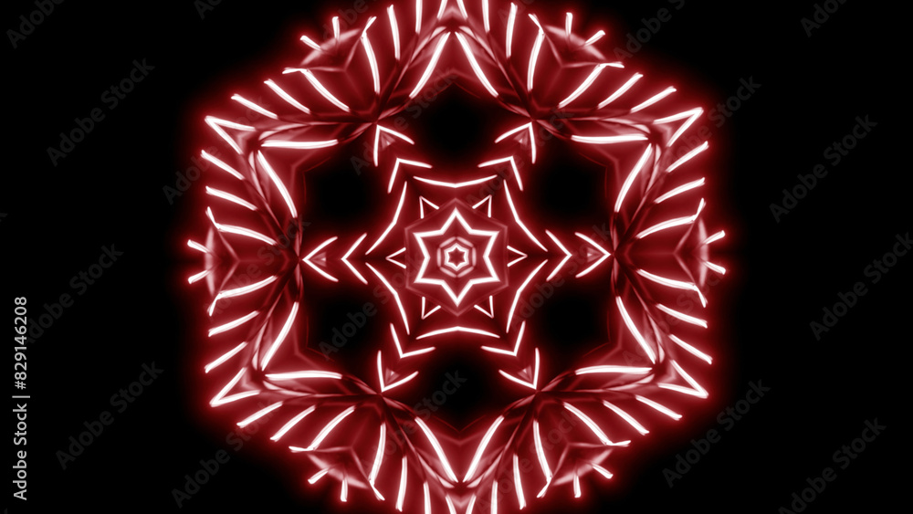 Poster symmetrical pattern with neon starry kaleidoscope. design. mirror reflection of repeating star or fl