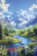 Serenely Majestic Mountain Landscape with Lush Forests, Wildflowers, and Reflective River