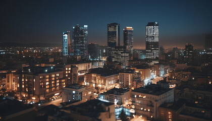 Night city center with many high-rise buildings. Downtown