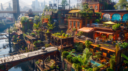 A bustling urban area with green rooftops and gardens.