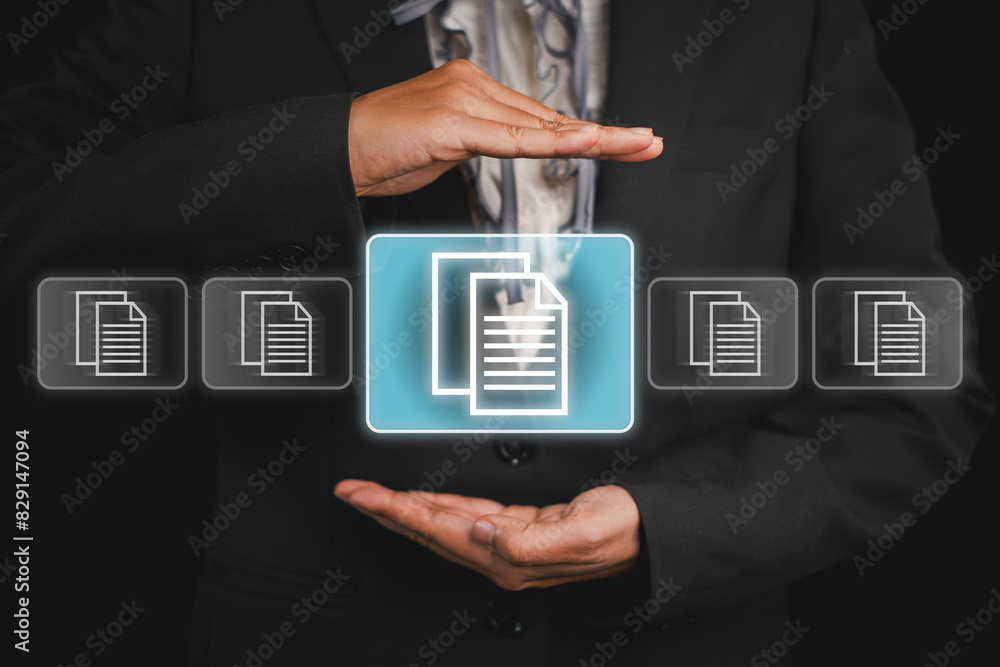 Poster document management concept, businesswoman hands holding document management icon on virtual screen,