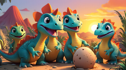 Fototapeta premium Cute baby dinosaurs hatching, Generative AI