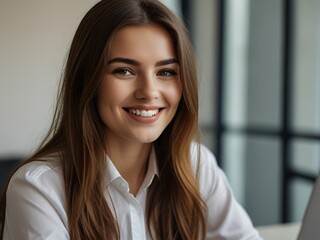 A close-up portrait of a young, beautiful woman smiling.