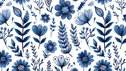 Beautiful seamless floral pattern with hand drawn blue floral garden elements on isolated white background