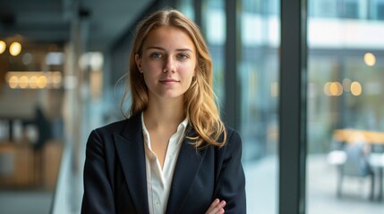 Naklejka premium Gen Z, Confident Young Professional Woman, Smiling in Modern Office Setting - Generative AI