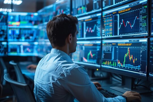 A trader attentively analyzes financial data on numerous screen displays in a modern office
