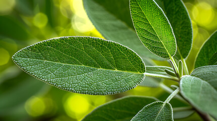 Close-up of fresh green sage leaves with beautiful background against sunlight