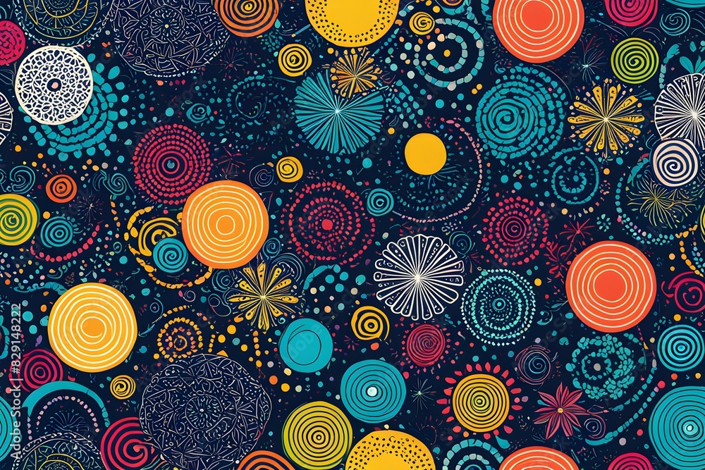 Poster a colorful and abstract design of many different colored circles and stars