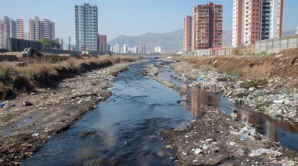 A polluted river running through an urban city