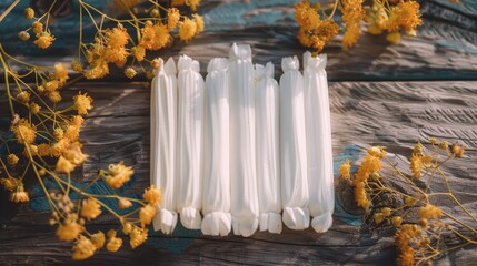 White tampons arranged neatly on a wooden surface surrounded by yellow dried flowers