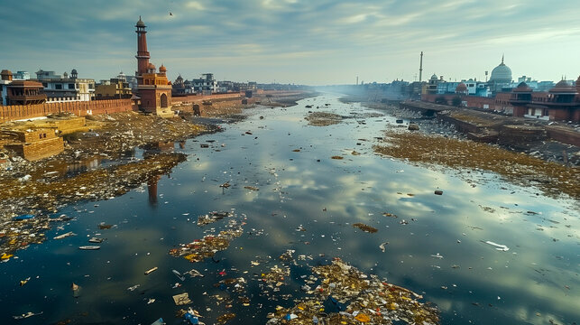 A polluted river running through an urban city