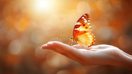 Natural background of flying butterfly and human hand