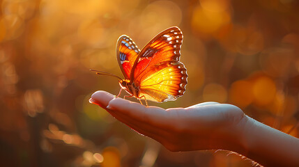 Natural background of flying butterfly and human hand