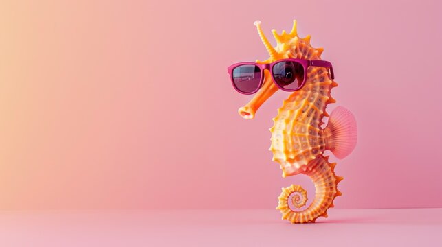Creative animal concept. Seahorse in sunglass shade glasses isolated on solid pastel background - Powered by Adobe