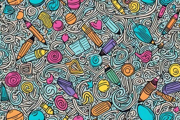 A colorful and abstract drawing of various writing utensils such as pens