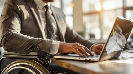 Close-up of a Businessman in Wheelchair Working on His Laptop as Sunlight Streams Through the Window in an Office Environment, Inclusion.