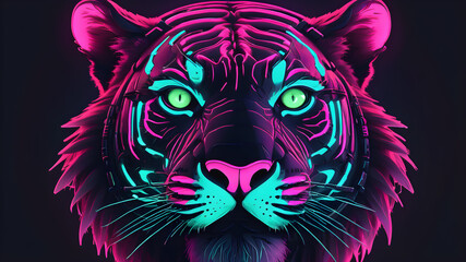 Neon avatar vector-style image of neon tiger cyberpunk head, Generative AI