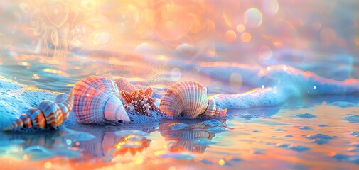 Seashells on a dreamy beach with soft sunlight and bokeh.