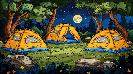 Night camp in forest with tents, landscape view on campsite in mountains