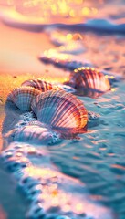 Seashells on the beach at sunset.