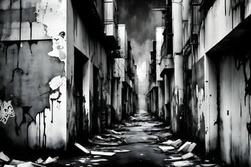 A long, narrow alleyway with graffiti on the walls and a dark