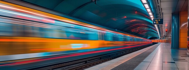 motion blur from an electric train passing by in a subway station, long exposure effects and a sense of speed. vibrant colors and dynamic lines add energy. generative AI