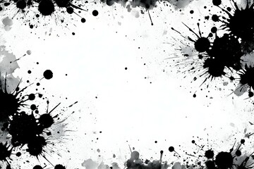 A black and white photo of splatters of paint on a white background