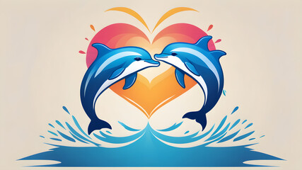 two graceful dolphins leaping out of the water. The dolphins are facing each other and are forming the shape of a heart, Generative AI