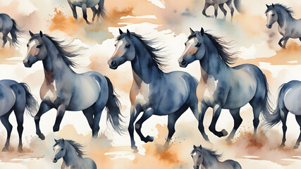 Watercolor artistic image of seamless pattern with horses in soft colors and calm background, Generative AI