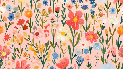 ilustración flores del campo fondo rosa 