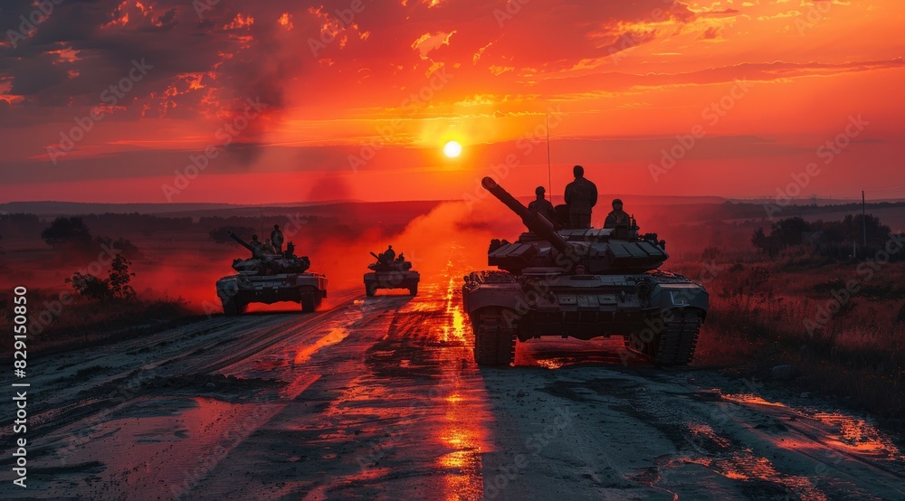 Canvas Prints Majestic sunset with military tanks rolling on a dusty road against an intensely vibrant sky