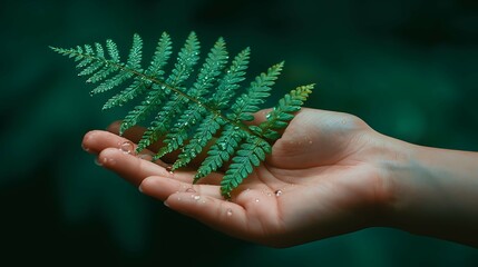 A human hand and a fern leaf. Man and Nature