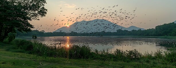 A flock of birds flying over a lake in Thailand on the background of an evening scene