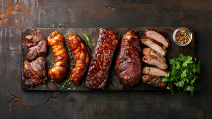 assorted argentinian asado meats on rustic wooden board