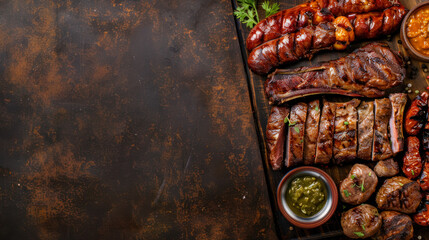 argentinean asado meats assortment with vegetables on a rustic background with copy space