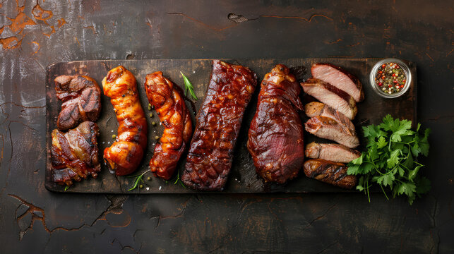 assorted argentinian asado meats on rustic wooden board