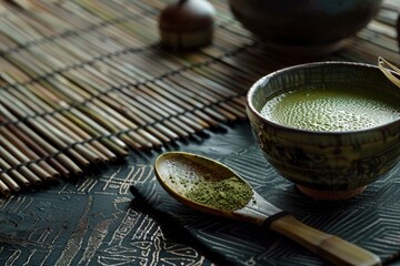 Organic green matcha tea and tea accessories on japanese mat on black background. Japanese tea...