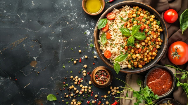 egyptian koshari with lentils, rice, and pasta in a rustic bowl, traditional street food top view with copy space