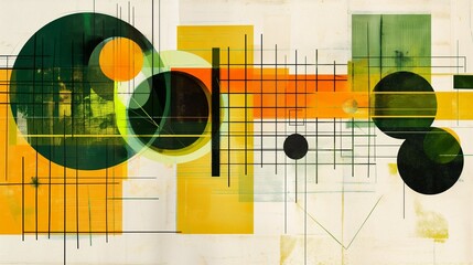 Precise geometric vector illustration design shape with overlapping circles and squares, yellow green black high contrast abstract matte typography style