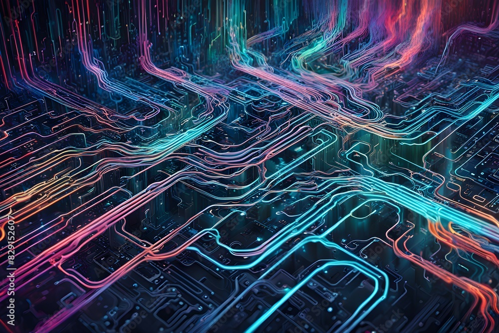 Poster a colorful image of a computer chip with many lines and colors