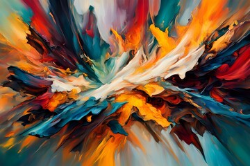 A colorful painting of a flower with a yellow center and red and blue petals