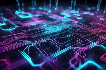 A colorful computer chip with purple, blue and pink lines