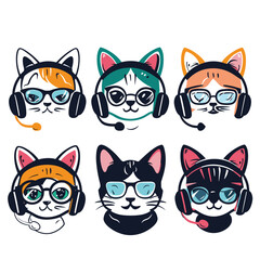 Set six cute cats wearing headphones glasses, cat unique markings. Cartoon feline characters music listeners gamers. Illustration colorful, stylized cat faces expressing different emotions