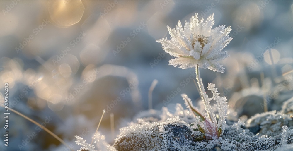 Poster a macro shot of a frost flower showcasing its delicate and fragile nature as it stands tall in the f